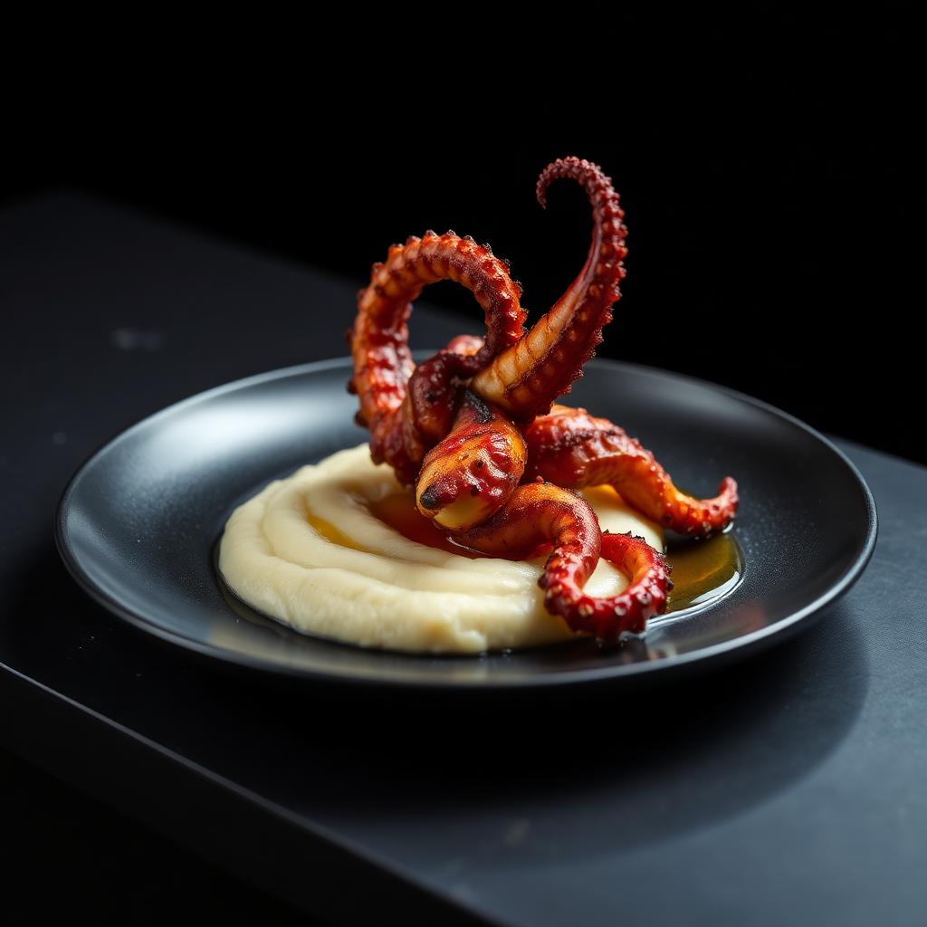 Pulpo con puré de patata y aceite de pimentón