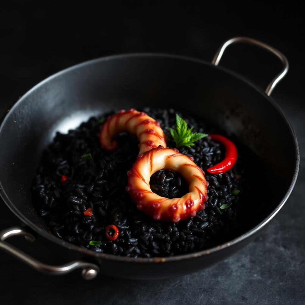 Arroz negro de pulpo y pimiento rojo