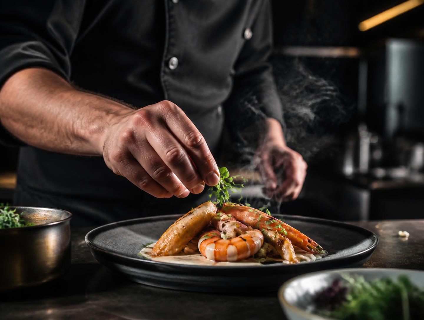Emplatado de un plato de marisco en la cocina de Vértice