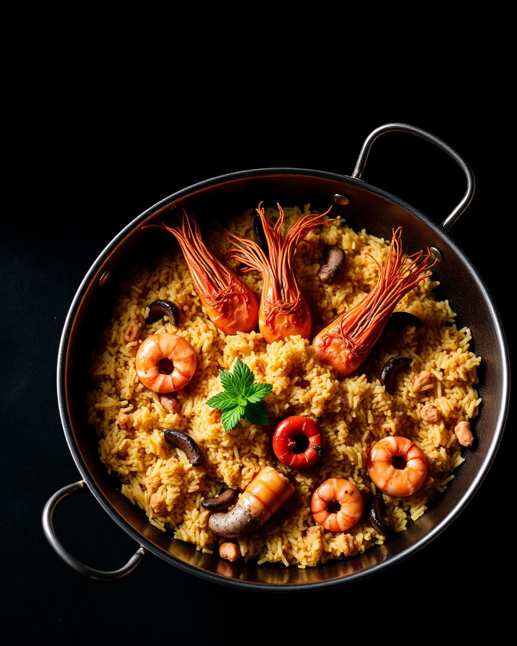 Arroz seco de gamba y calamar en paella